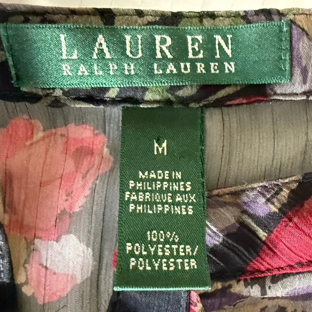 Lauren Ralph Lauren Floral Ruffle Front Sheer Blouse Black Red Rose Medium - Picture 4 of 8